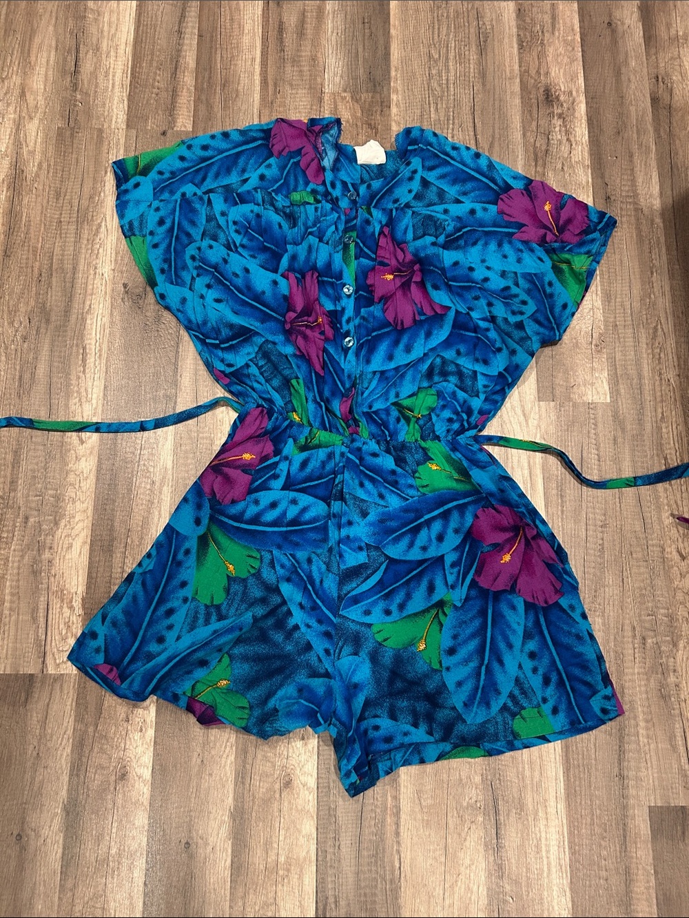 Vintage Blue Tropical Floral Romper with Purple Blooms
